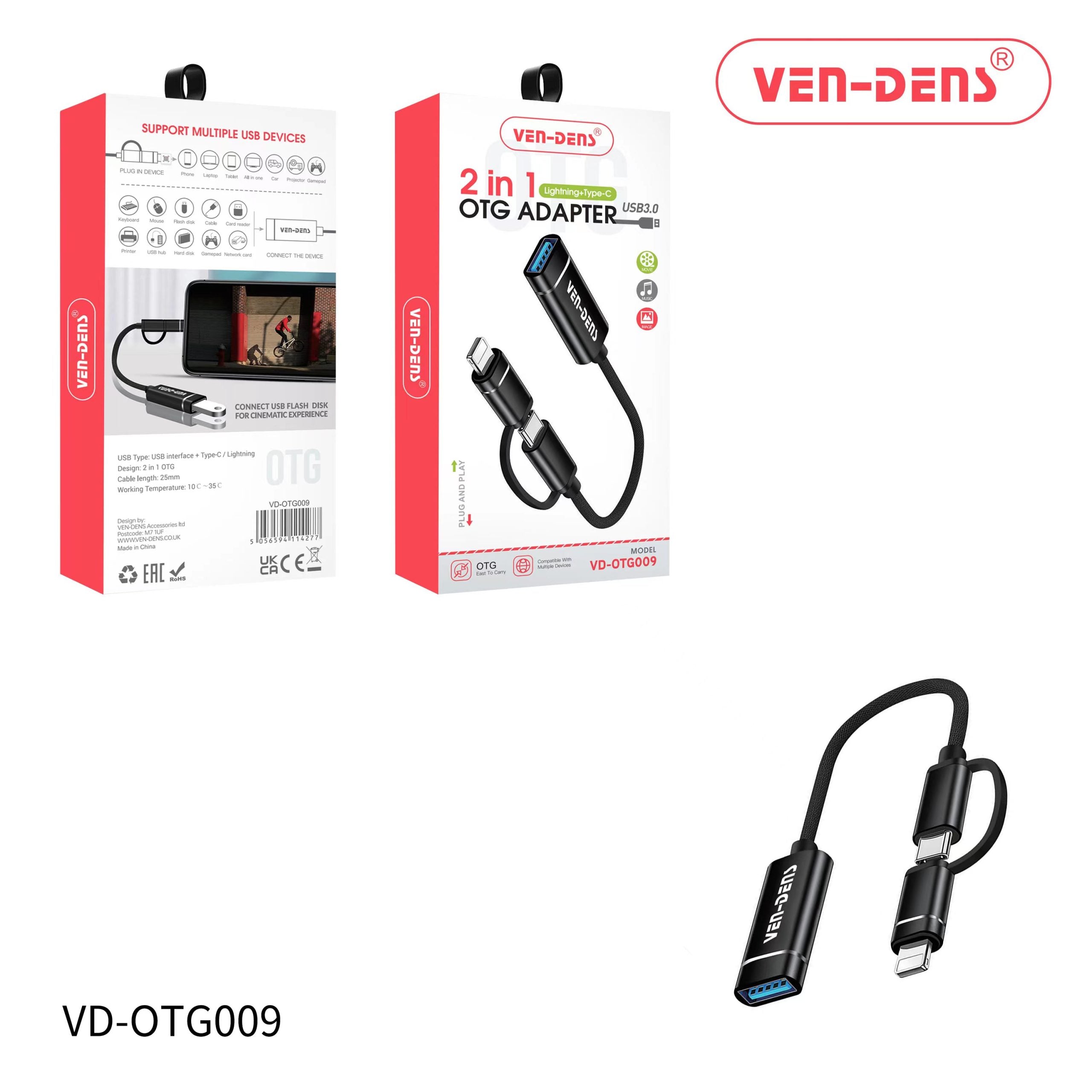 Ven-Dens VD-OTG009 2 in 1 OTG Adapter (Lightning & Type C)